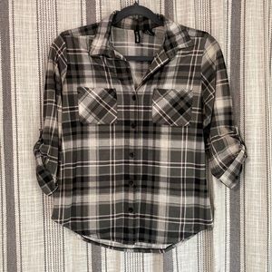 Grey Black and White 3/4 Length Sleeve Button Down Shirt
